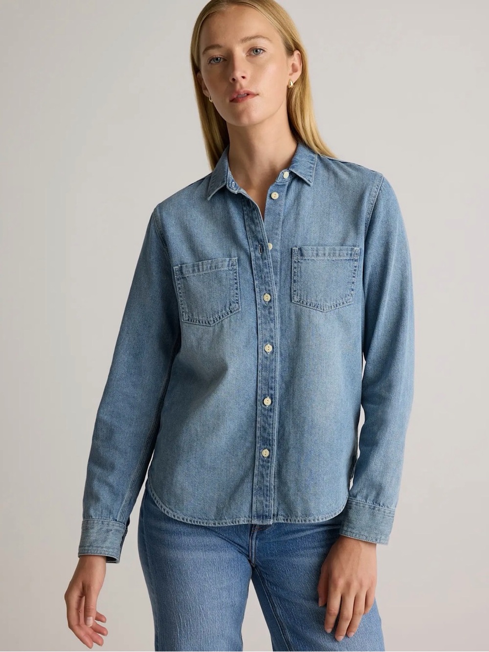 Quince distressed denim button down shirt. Size S.